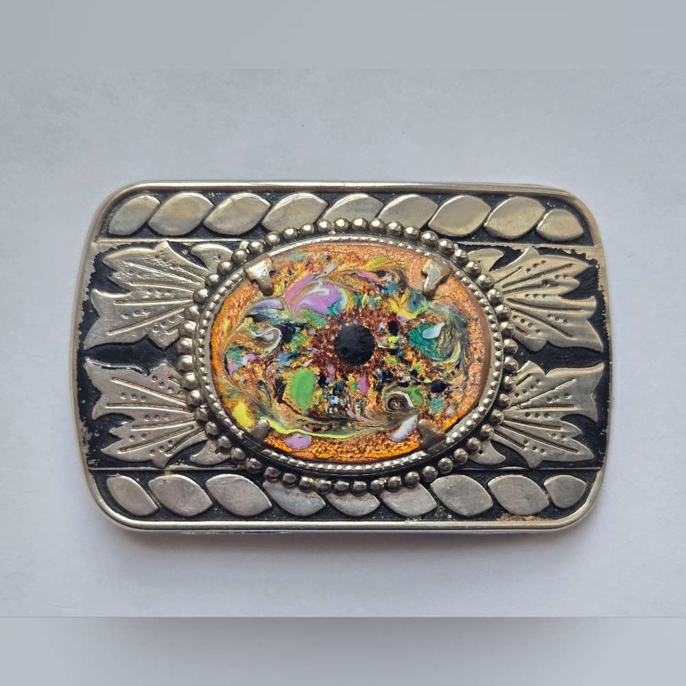 Vintage Southwestern Belt Buckle Silver-Tone Metal w/ Enamel on Copper Center